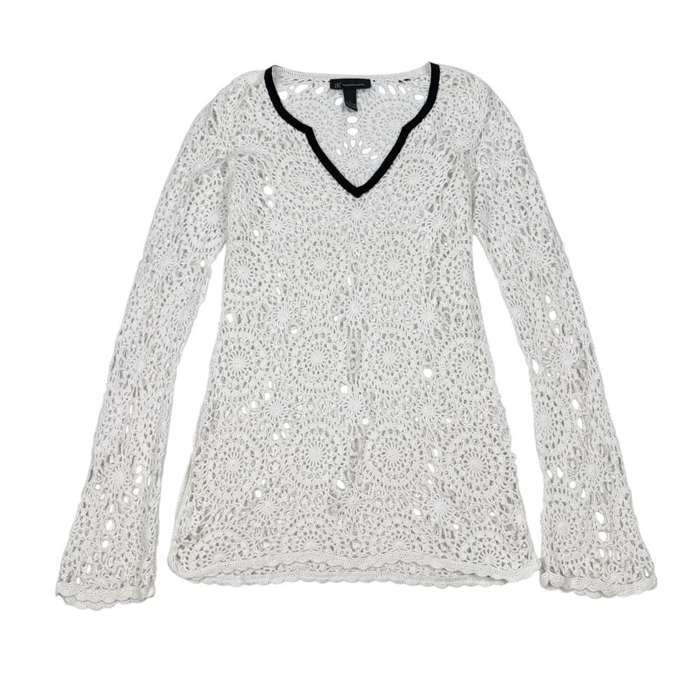 INC International Concepts White Crochet V-Neck Boho Summer Tunic Top Resort L